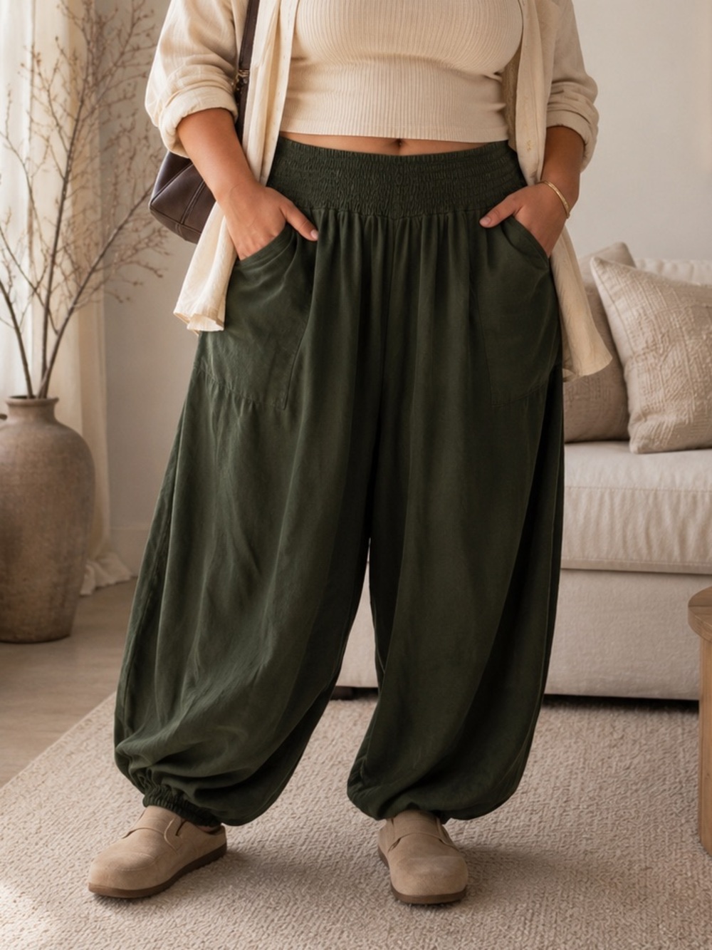 Women's Plus Size Harem Pants 100% Rayon | Olive Green Baggy Boho Balloon Pants